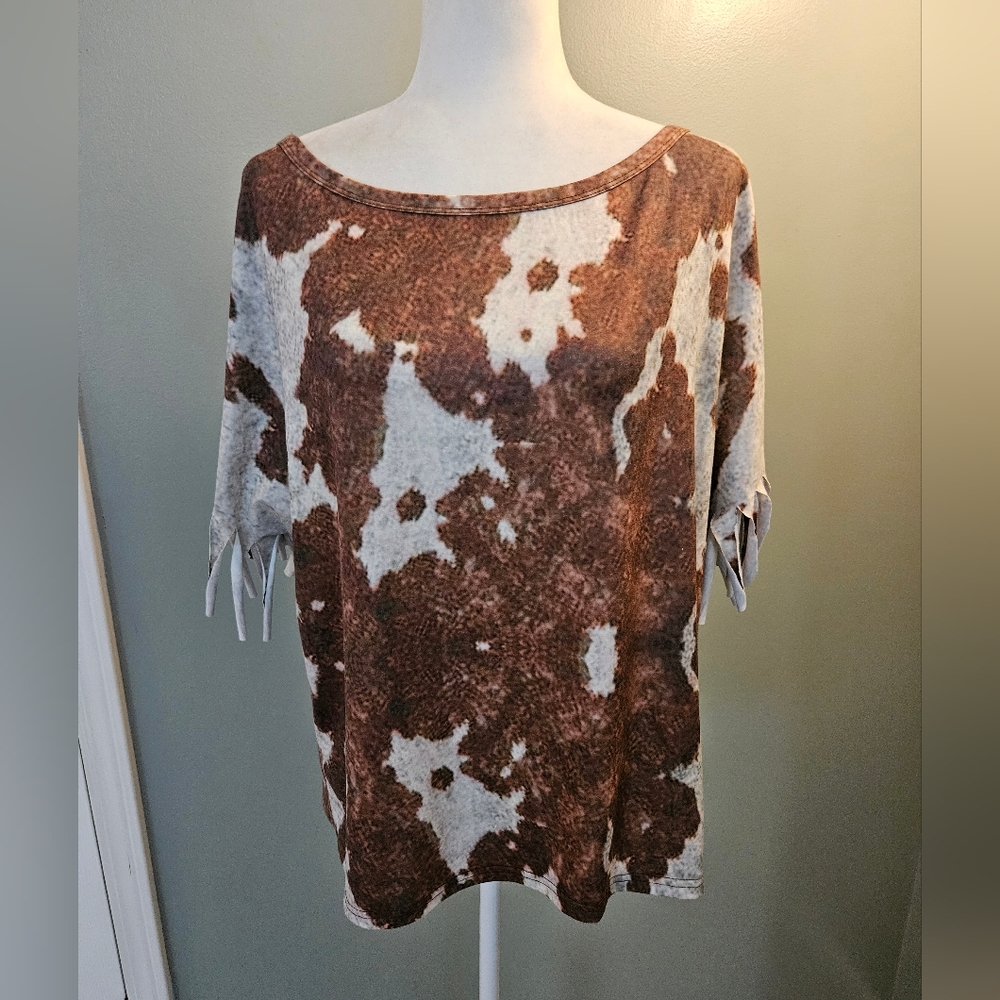 Brown and Cream Cow Print Patterned Top with Fringe Sleeve Women's Size Medium M